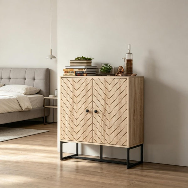 English Elm Modern Chevron Door Sideboard with Oak Finish Steel Base and Adjustable Interior Shelf T3971P555293