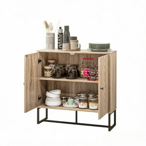 English Elm Modern Chevron Door Sideboard with Oak Finish Steel Base and Adjustable Interior Shelf T3971P555293