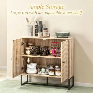English Elm Modern Chevron Door Sideboard with Oak Finish Steel Base and Adjustable Interior Shelf T3971P555293