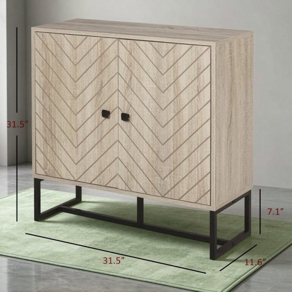 English Elm Modern Chevron Door Sideboard with Oak Finish Steel Base and Adjustable Interior Shelf T3971P555293