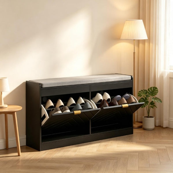 English Elm Narrow Entryway Bench with Flip Drawer Shoe Storage and Padded Linen Seat in Black T3971P555295