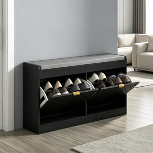 English Elm Narrow Entryway Bench with Flip Drawer Shoe Storage and Padded Linen Seat in Black T3971P555295