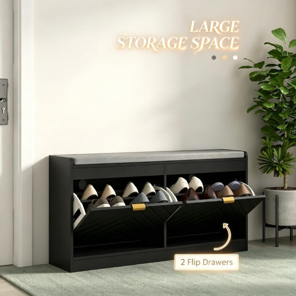 English Elm Narrow Entryway Bench with Flip Drawer Shoe Storage and Padded Linen Seat in Black T3971P555295