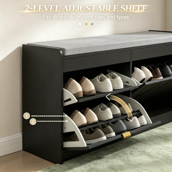 English Elm Narrow Entryway Bench with Flip Drawer Shoe Storage and Padded Linen Seat in Black T3971P555295