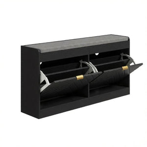 English Elm Narrow Entryway Bench with Flip Drawer Shoe Storage and Padded Linen Seat in Black T3971P555295