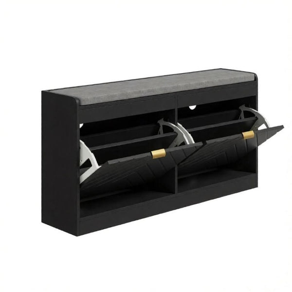 English Elm Narrow Entryway Bench with Flip Drawer Shoe Storage and Padded Linen Seat in Black T3971P555295