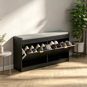 English Elm Narrow Entryway Bench with Flip Drawer Shoe Storage and Padded Linen Seat in Black T3971P555295