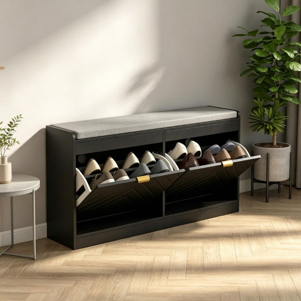 English Elm Narrow Entryway Bench with Flip Drawer Shoe Storage and Padded Linen Seat in Black T3971P555295