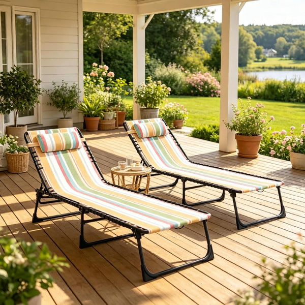 English Elm 2Pcs Folding Bungee Suspension Pool Lounge Chairs Striped Mesh Outdoor Set T3971P555347