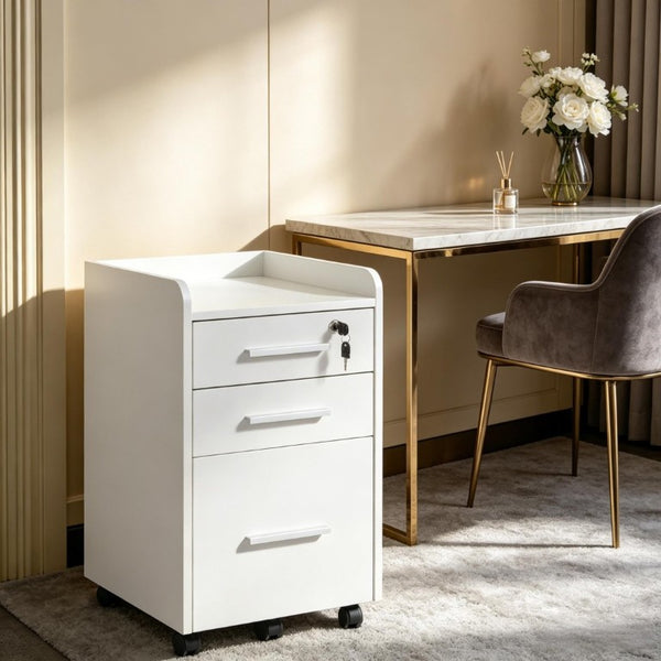 English Elm Mobile Locking Filing Cabinet on Wheels with 3 Drawers and Raised Edged Top T3971P555365