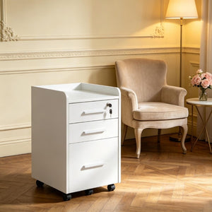 English Elm Mobile Locking Filing Cabinet on Wheels with 3 Drawers and Raised Edged Top T3971P555365