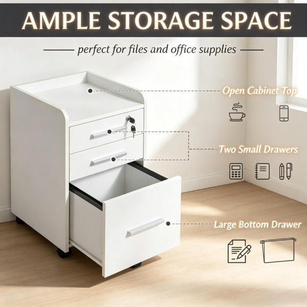 English Elm Mobile Locking Filing Cabinet on Wheels with 3 Drawers and Raised Edged Top T3971P555365