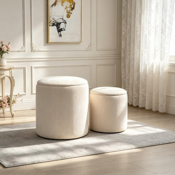English Elm Set of 2 Corduroy Nesting Ottoman Stools with Hidden Storage and Removable Cushioned Lid T3971P555375