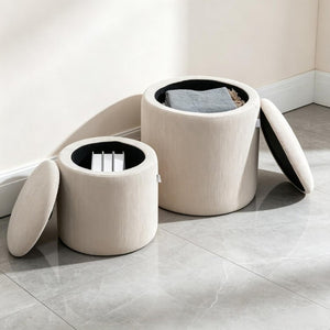 English Elm Set of 2 Corduroy Nesting Ottoman Stools with Hidden Storage and Removable Cushioned Lid T3971P555375