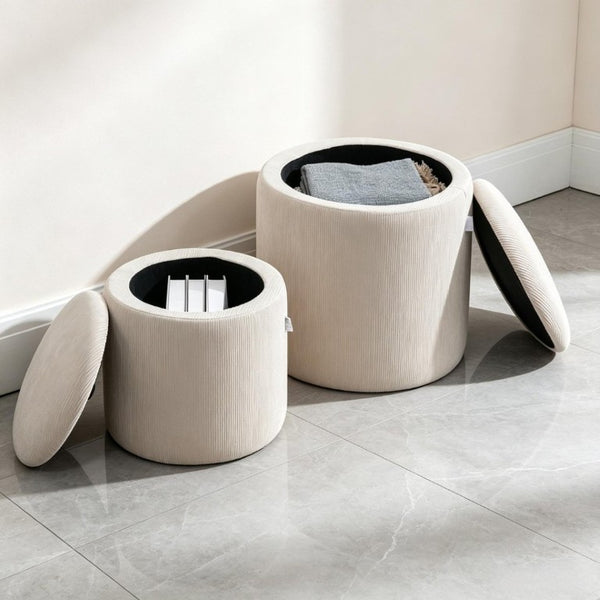 English Elm Set of 2 Corduroy Nesting Ottoman Stools with Hidden Storage and Removable Cushioned Lid T3971P555375