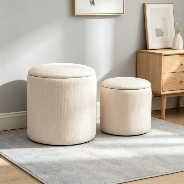 English Elm Set of 2 Corduroy Nesting Ottoman Stools with Hidden Storage and Removable Cushioned Lid T3971P555375