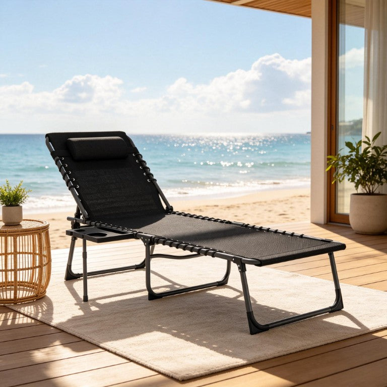 English Elm 1 Folding Outdoor Chaise Lounge with Oxford Fabric Seat Steel Frame and Side Tray T3971P555391