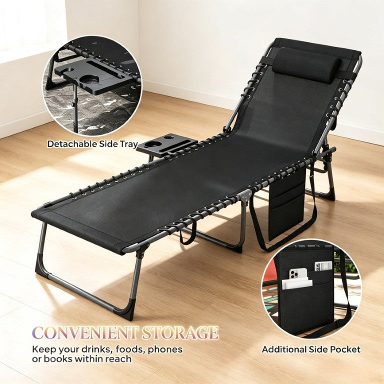 English Elm 1 Folding Outdoor Chaise Lounge with Oxford Fabric Seat Steel Frame and Side Tray T3971P555391