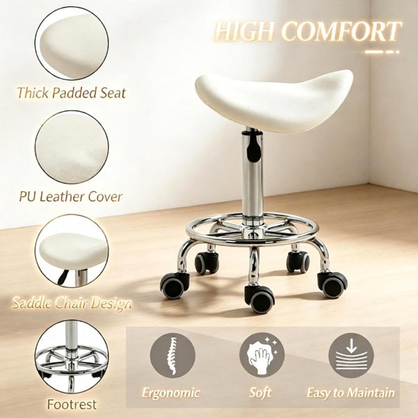 English Elm Adjustable Saddle Stool with PU Leather Seat Rolling Five Wheel Base for Spa Studios T3971P555393