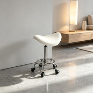 English Elm Adjustable Saddle Stool with PU Leather Seat Rolling Five Wheel Base for Spa Studios T3971P555393
