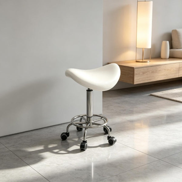 English Elm Adjustable Saddle Stool with PU Leather Seat Rolling Five Wheel Base for Spa Studios T3971P555393