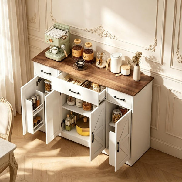 English Elm 47 Inch Farmhouse Sideboard with Barn Doors Soft Close Hinges and Adjustable Shelving T3971P555450