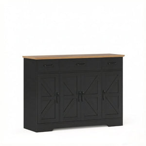 English Elm 47 Inch Farmhouse Sideboard with Barn Doors Three Drawers and Adjustable Interior Shelving T3971P555453