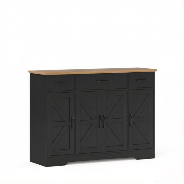 English Elm 47 Inch Farmhouse Sideboard with Barn Doors Three Drawers and Adjustable Interior Shelving T3971P555453