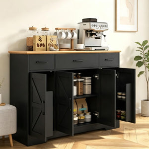 English Elm 47 Inch Farmhouse Sideboard with Barn Doors Three Drawers and Adjustable Interior Shelving T3971P555453