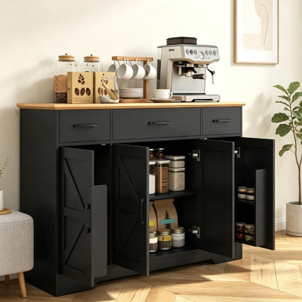 English Elm 47 Inch Farmhouse Sideboard with Barn Doors Three Drawers and Adjustable Interior Shelving T3971P555453