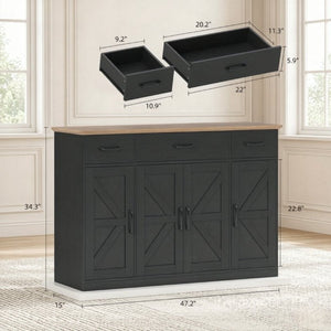 English Elm 47 Inch Farmhouse Sideboard with Barn Doors Three Drawers and Adjustable Interior Shelving T3971P555453