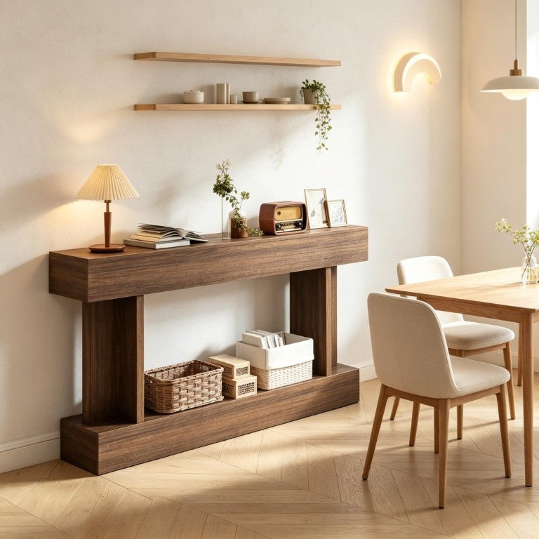 English Elm 63 Inch Distressed Brown Narrow Entryway Console with Open Shelf and Crossbar Base T3971P555487