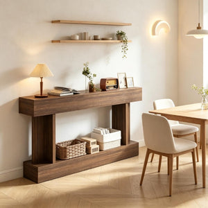 English Elm 63 Inch Distressed Brown Narrow Entryway Console with Open Shelf and Crossbar Base T3971P555487