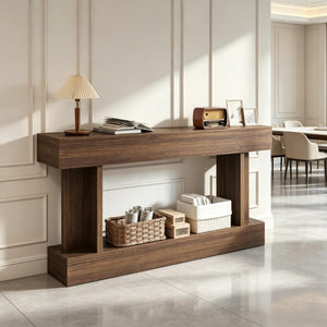 English Elm 63 Inch Distressed Brown Narrow Entryway Console with Open Shelf and Crossbar Base T3971P555487