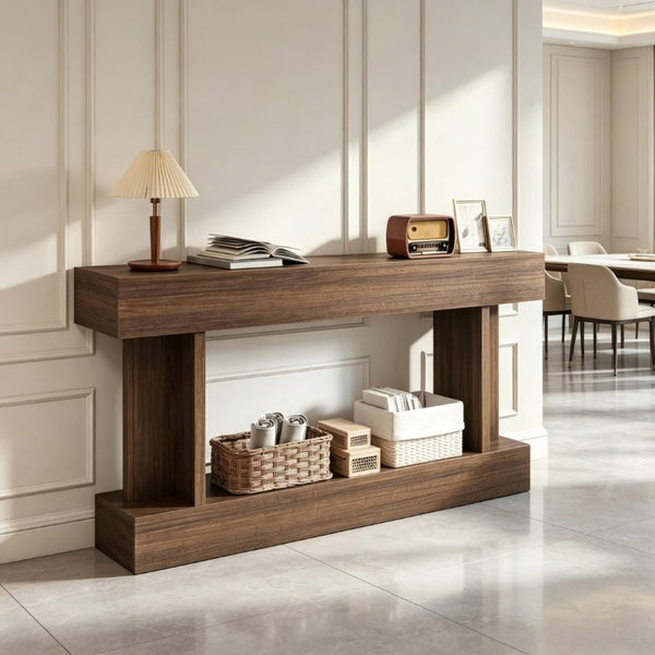 English Elm 63 Inch Distressed Brown Narrow Entryway Console with Open Shelf and Crossbar Base T3971P555487