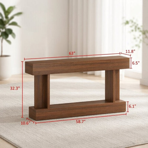 English Elm 63 Inch Distressed Brown Narrow Entryway Console with Open Shelf and Crossbar Base T3971P555487