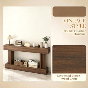 English Elm 63 Inch Distressed Brown Narrow Entryway Console with Open Shelf and Crossbar Base T3971P555487