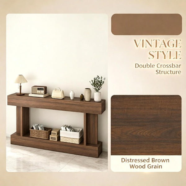 English Elm 63 Inch Distressed Brown Narrow Entryway Console with Open Shelf and Crossbar Base T3971P555487