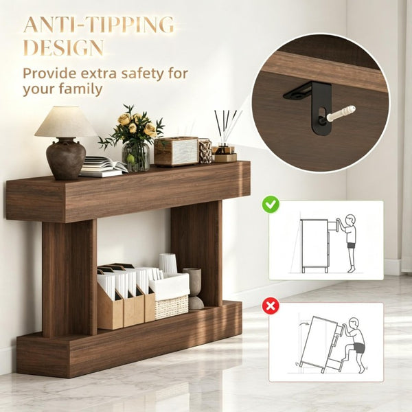 English Elm 63 Inch Distressed Brown Narrow Entryway Console with Open Shelf and Crossbar Base T3971P555487