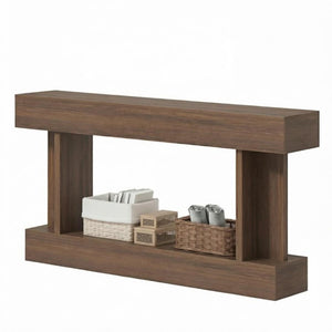 English Elm 63 Inch Distressed Brown Narrow Entryway Console with Open Shelf and Crossbar Base T3971P555487