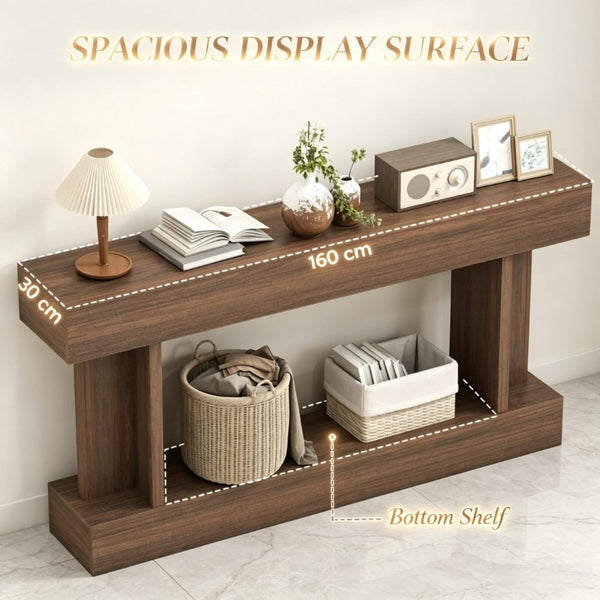 English Elm 63 Inch Distressed Brown Narrow Entryway Console with Open Shelf and Crossbar Base T3971P555487