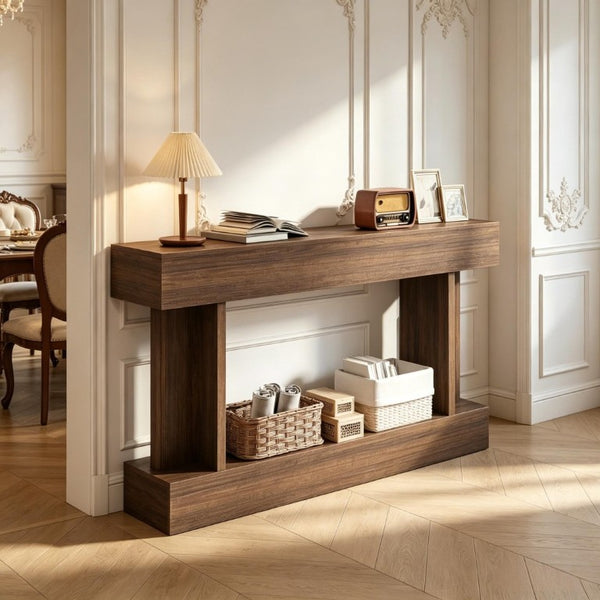 English Elm 63 Inch Distressed Brown Narrow Entryway Console with Open Shelf and Crossbar Base T3971P555487