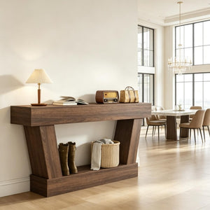 English Elm 63 Inch Distressed Vintage Console Table with Open Shelf Slim Entryway Accent Brown T3971P555502
