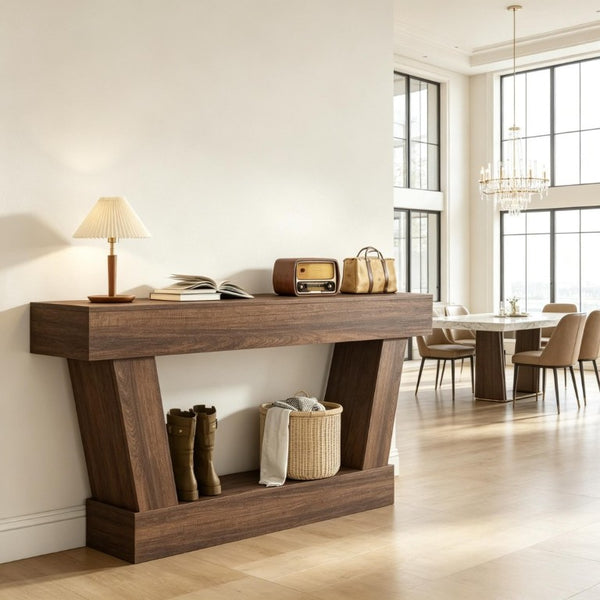 English Elm 63 Inch Distressed Vintage Console Table with Open Shelf Slim Entryway Accent Brown T3971P555502