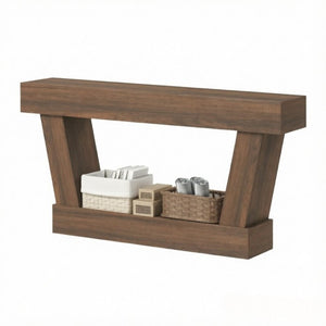 English Elm 63 Inch Distressed Vintage Console Table with Open Shelf Slim Entryway Accent Brown T3971P555502