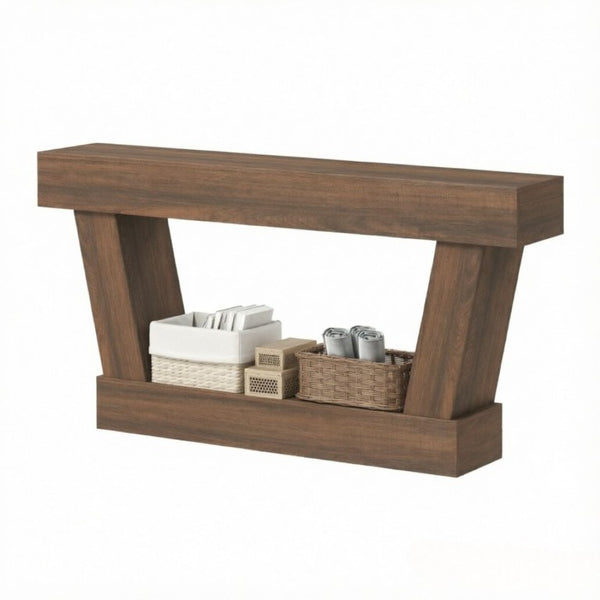 English Elm 63 Inch Distressed Vintage Console Table with Open Shelf Slim Entryway Accent Brown T3971P555502