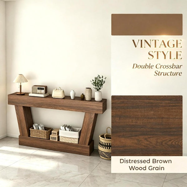 English Elm 63 Inch Distressed Vintage Console Table with Open Shelf Slim Entryway Accent Brown T3971P555502