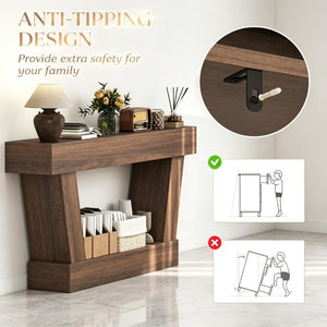 English Elm 63 Inch Distressed Vintage Console Table with Open Shelf Slim Entryway Accent Brown T3971P555502
