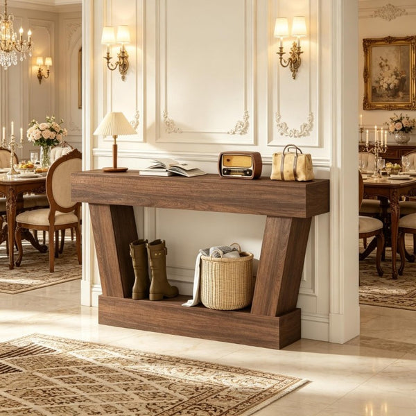 English Elm 63 Inch Distressed Vintage Console Table with Open Shelf Slim Entryway Accent Brown T3971P555502