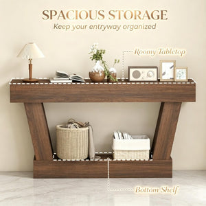 English Elm 63 Inch Distressed Vintage Console Table with Open Shelf Slim Entryway Accent Brown T3971P555502